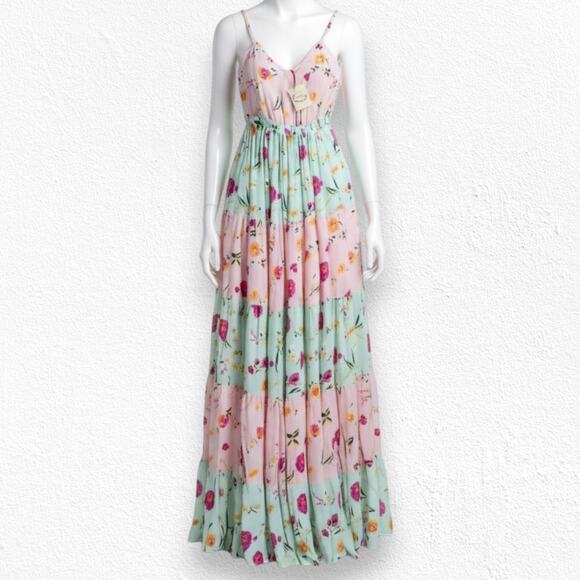 Raga Pink Mint Floral Tiered Maxi Dress Boho Festival Smocked Back Size XS NWT - Picture 3 of 14